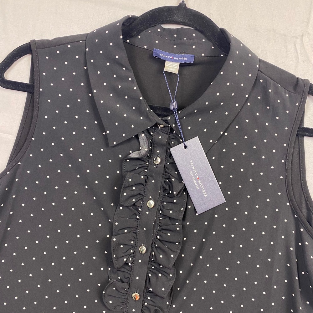 Tommy Hilfiger Suit Separates Sleeveless Ruffle Blouse Womens L Black Polka Dot